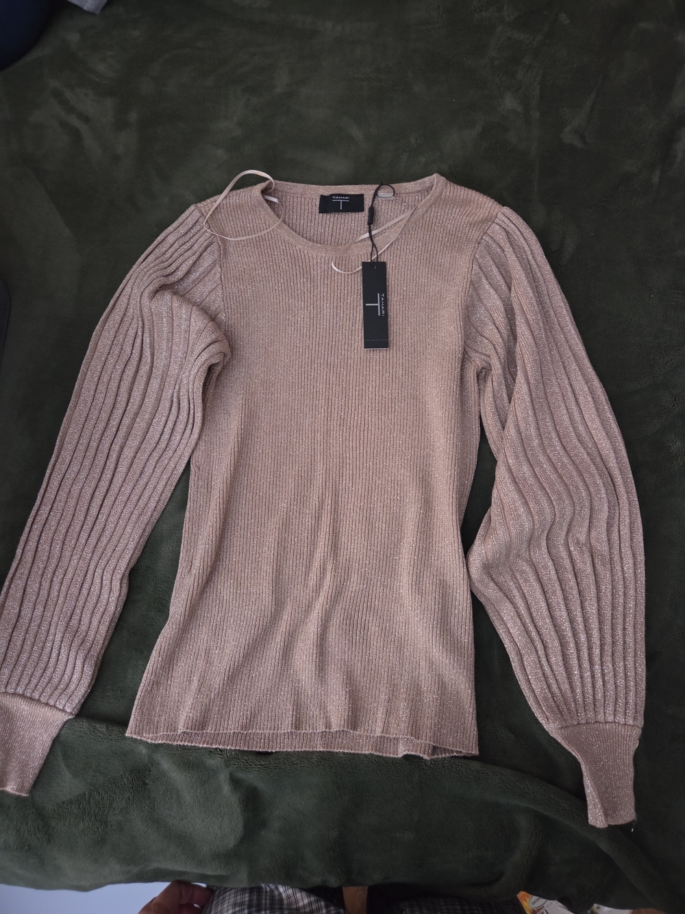 Tahari Dusty Rose Ribbed Puff-Sleeve Crewneck Sweater